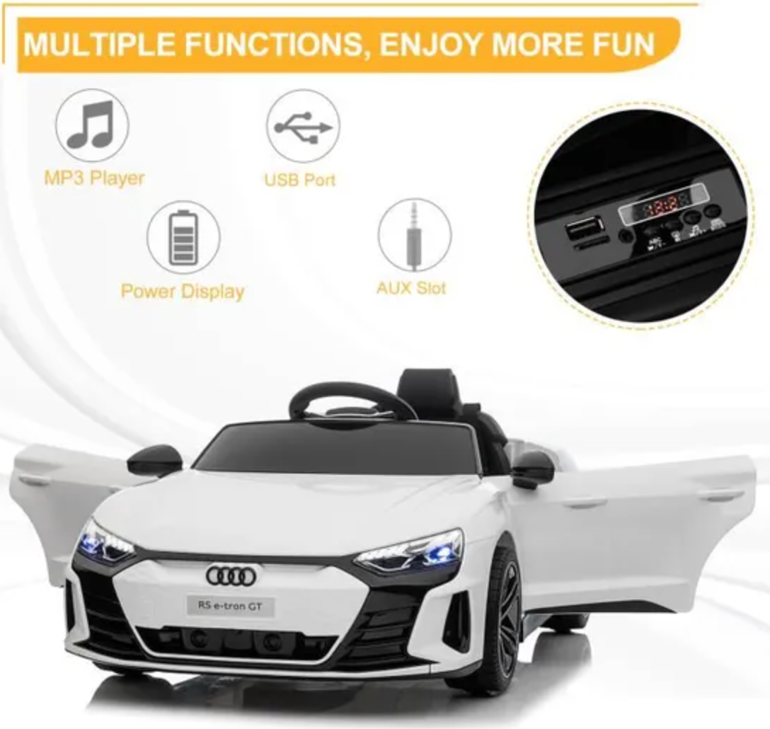 Audi Voiture Electrique 12 V Enfants avec Télécommande 2,4G, 2 Portes Ouvrables, Musique, Klaxon, Lumières LED, Blanc