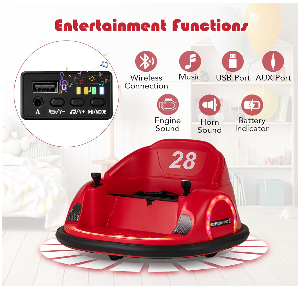 Auto Tamponneuse Enfant, Voiture Enfant Électrique Rotatif à 360°, avec Télécommande 2,4G, 2 Modes de Contrôle, Klaxon & Musique, Charge 25 KG, pour Garçons & Filles 18 Mois+ (Rouge)