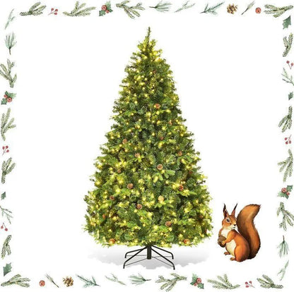 Sapin de Noël Artificiel 240CM Lumineux avec Pommes de Pin, Feuilles en PVC/PE,600 LED Blanche Chaude,Socle en Fer,Vert
