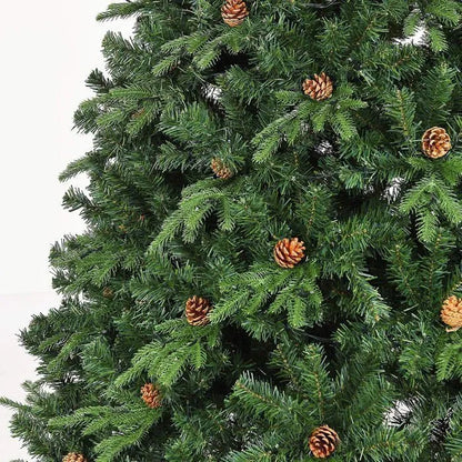 Sapin de Noël Artificiel 240CM Lumineux avec Pommes de Pin, Feuilles en PVC/PE,600 LED Blanche Chaude,Socle en Fer,Vert
