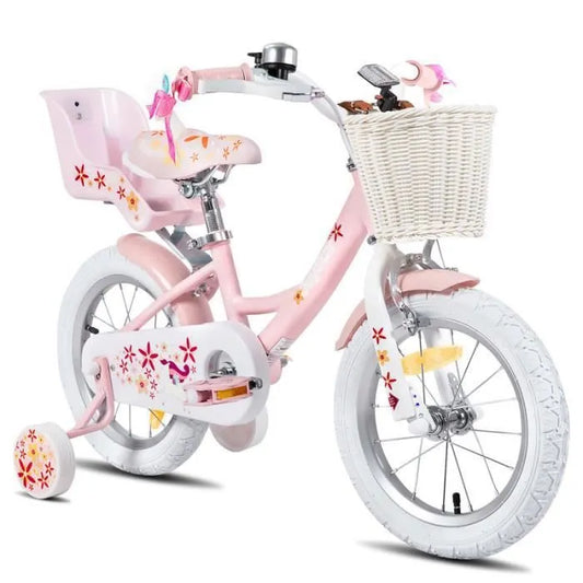 Vélo d'enfant, pour enfants de 3 à 5 ans, 14", Avec roues d'entraînement et panier,Rose
