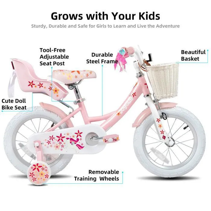 Vélo d'enfant, pour enfants de 3 à 5 ans, 14", Avec roues d'entraînement et panier,Rose