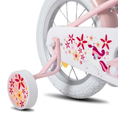 Vélo d'enfant, pour enfants de 3 à 5 ans, 14", Avec roues d'entraînement et panier,Rose